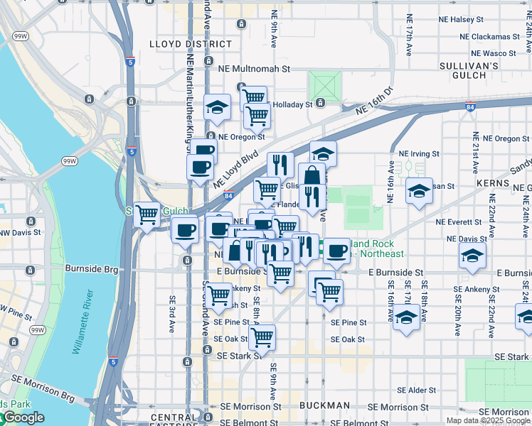 map of restaurants, bars, coffee shops, grocery stores, and more near 232 Northeast 9th Avenue in Portland