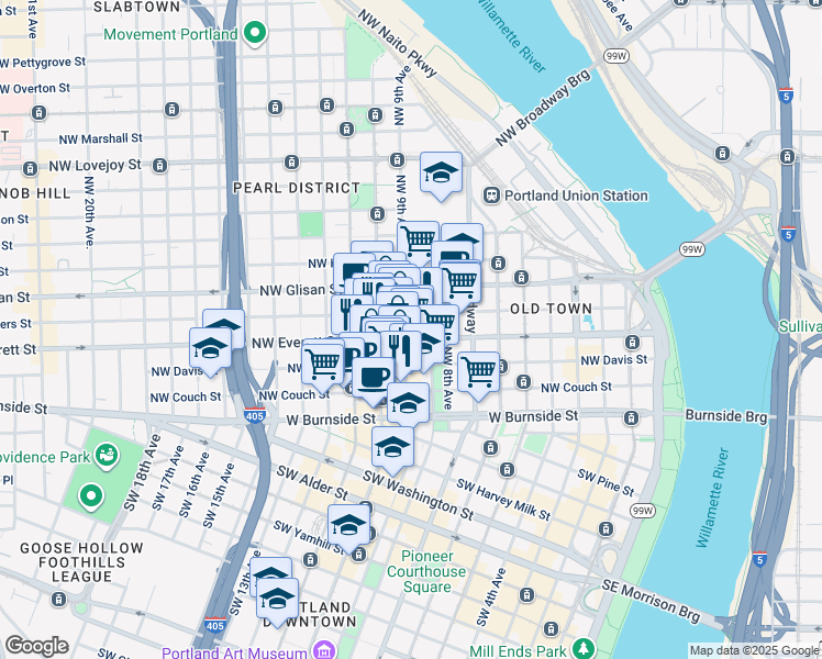 map of restaurants, bars, coffee shops, grocery stores, and more near 255 Northwest 9th Avenue in Portland