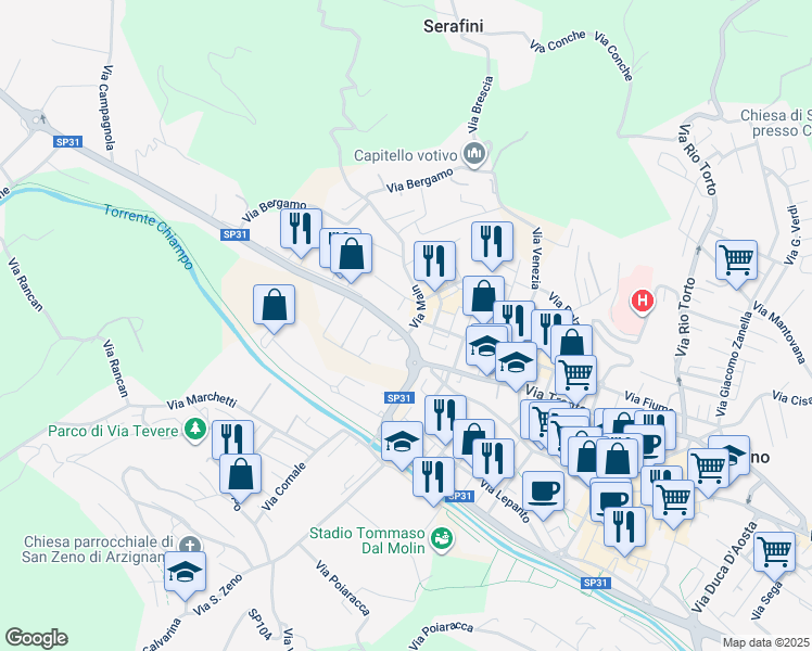 map of restaurants, bars, coffee shops, grocery stores, and more near 9 Via Andrea Mantegna in Arzignano