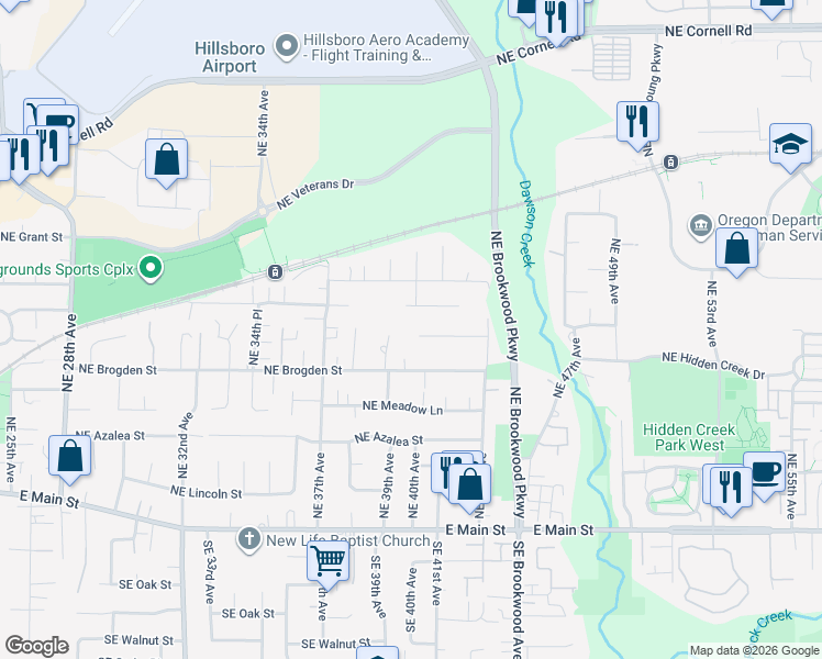 map of restaurants, bars, coffee shops, grocery stores, and more near 3959 Northeast Brogden Street in Hillsboro