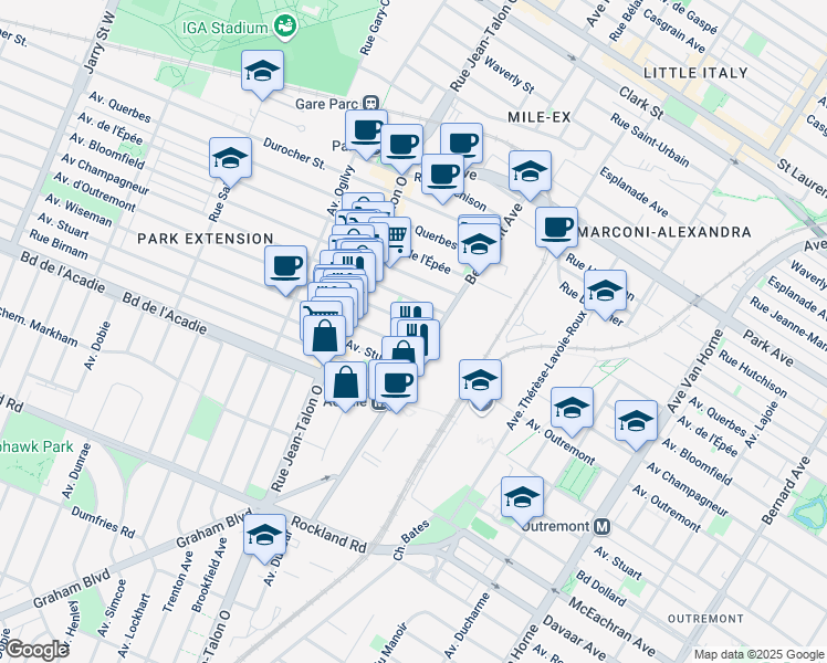 map of restaurants, bars, coffee shops, grocery stores, and more near 6940 Avenue d'Outremont in Montréal