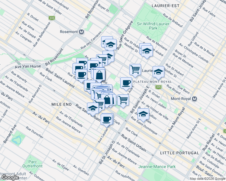 map of restaurants, bars, coffee shops, grocery stores, and more near 170 Avenue Fairmount Est in Montréal