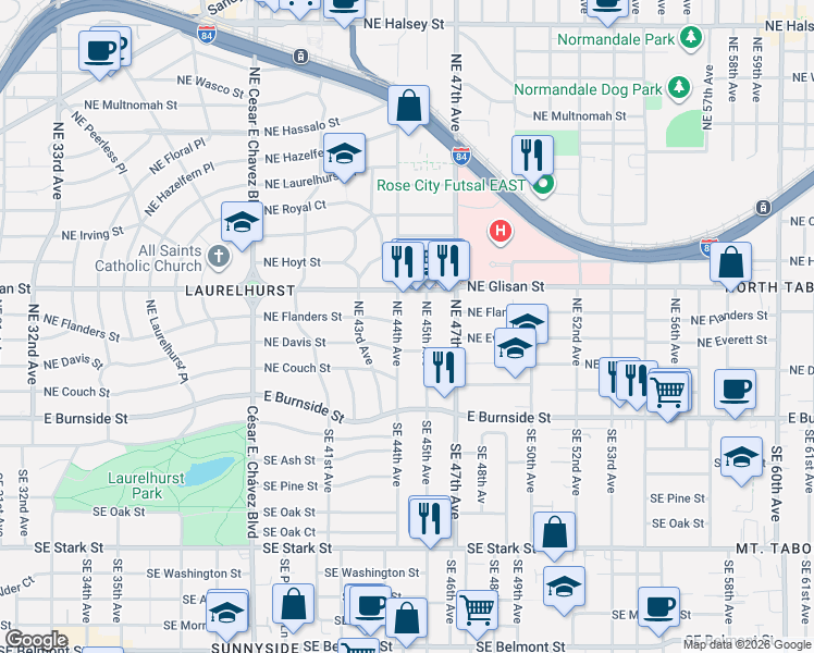 map of restaurants, bars, coffee shops, grocery stores, and more near 316 NE 44th Ave in Portland