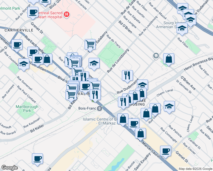 map of restaurants, bars, coffee shops, grocery stores, and more near 11810 Rue du General Giraud in Montréal