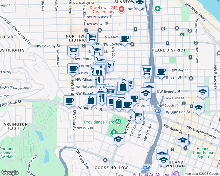 map of restaurants, bars, coffee shops, grocery stores, and more near 2030 Northwest Flanders Street in Portland