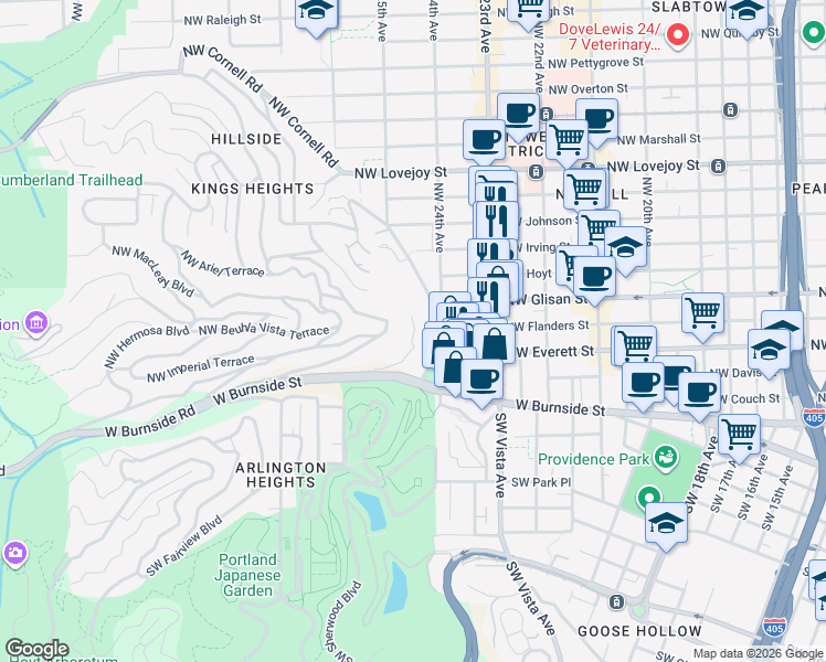 map of restaurants, bars, coffee shops, grocery stores, and more near 405 Northwest Uptown Terrace in Portland
