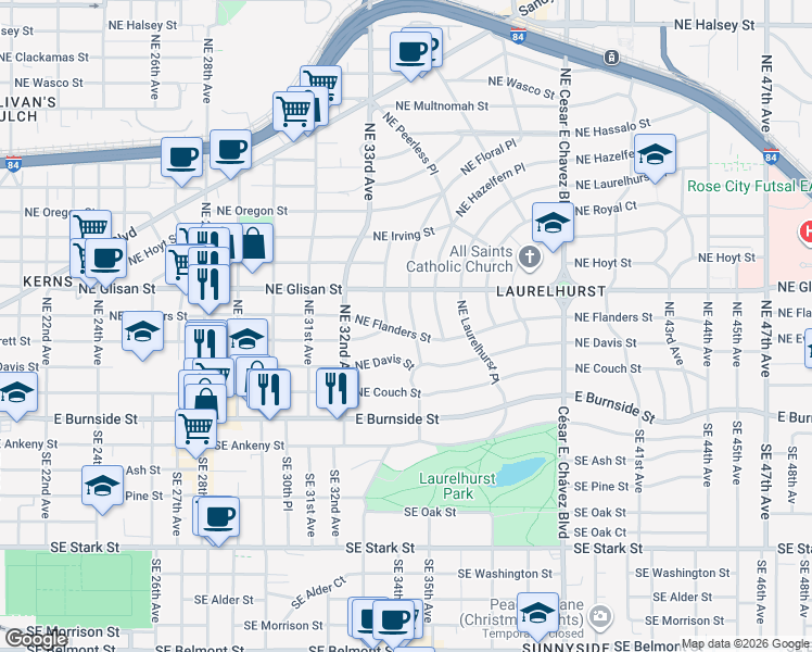 map of restaurants, bars, coffee shops, grocery stores, and more near 3335 Northeast Flanders Street in Portland