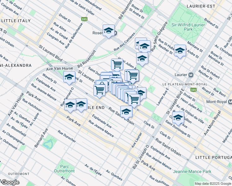 map of restaurants, bars, coffee shops, grocery stores, and more near in Montreal