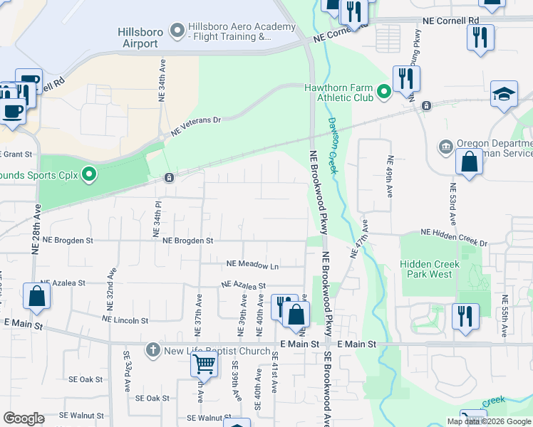 map of restaurants, bars, coffee shops, grocery stores, and more near 4059 Northeast Jackson Street in Hillsboro