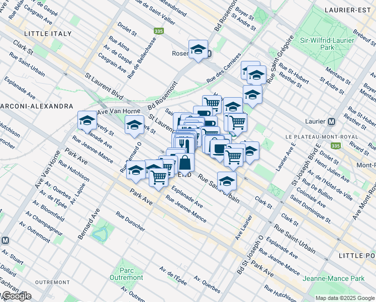 map of restaurants, bars, coffee shops, grocery stores, and more near 27 Rue Saint Viateur Ouest in Montréal