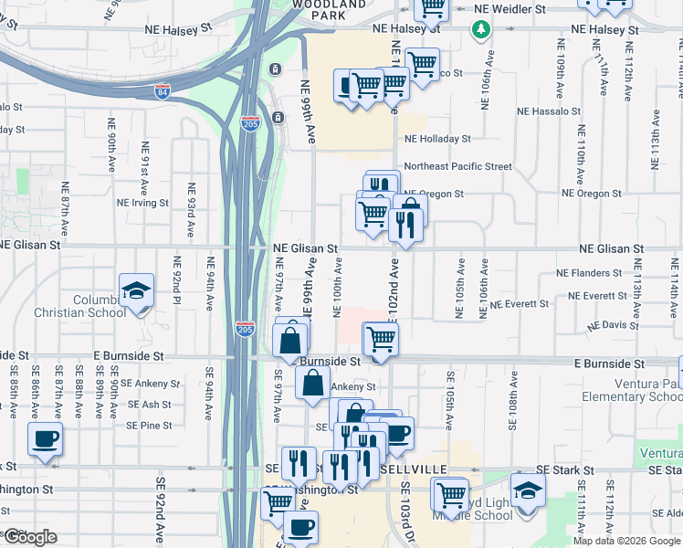 map of restaurants, bars, coffee shops, grocery stores, and more near 400 Northeast 100th Avenue in Portland