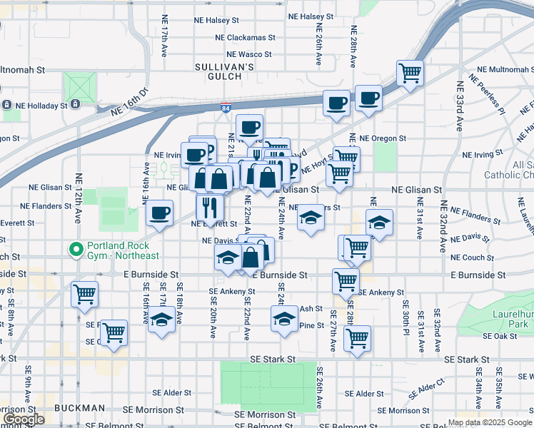map of restaurants, bars, coffee shops, grocery stores, and more near 2216 Northeast Everett Street in Portland