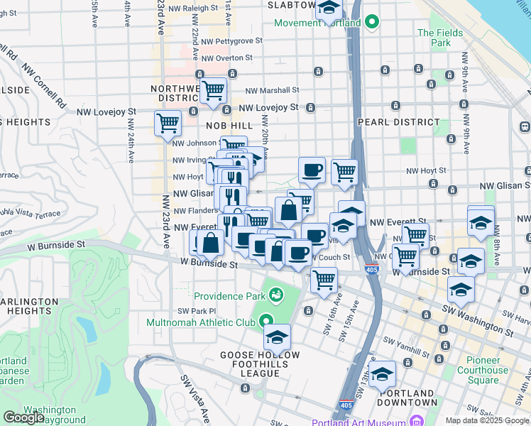 map of restaurants, bars, coffee shops, grocery stores, and more near 333 Northwest 20th Avenue in Portland