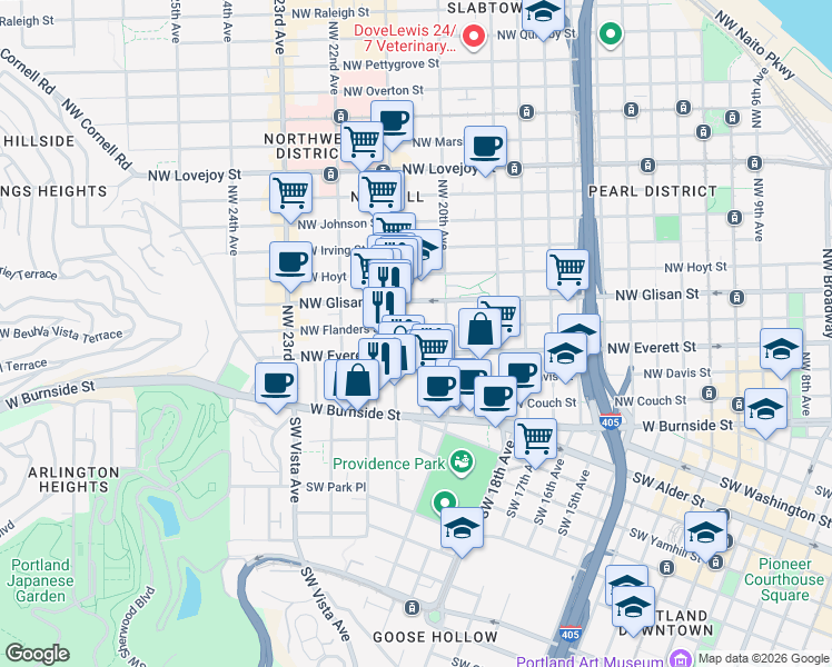 map of restaurants, bars, coffee shops, grocery stores, and more near 2058 Northwest Flanders Street in Portland
