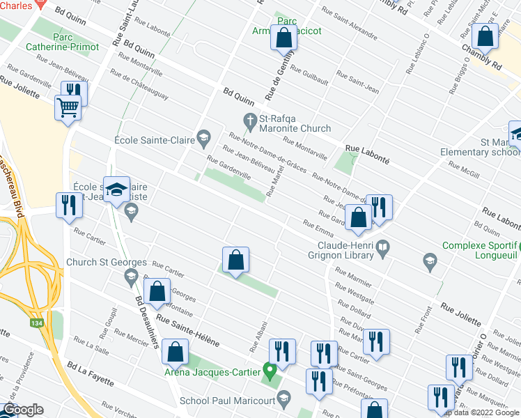 map of restaurants, bars, coffee shops, grocery stores, and more near 989 Rue Joliette in Longueuil