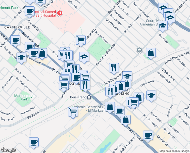 map of restaurants, bars, coffee shops, grocery stores, and more near 11810 Rue du General Giraud in Montréal