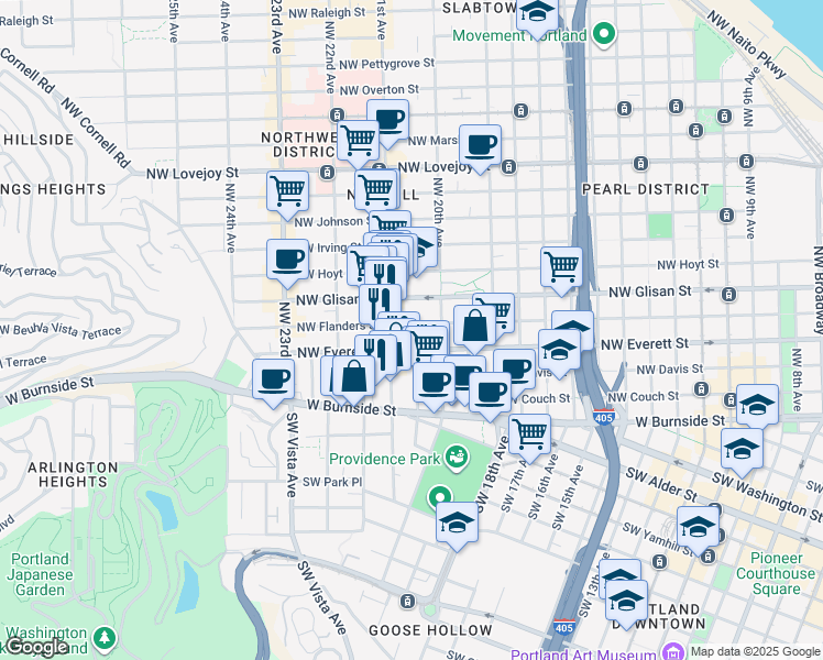map of restaurants, bars, coffee shops, grocery stores, and more near 2058 Northwest Flanders Street in Portland