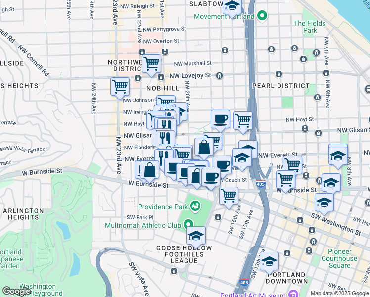 map of restaurants, bars, coffee shops, grocery stores, and more near 333 Northwest 20th Avenue in Portland