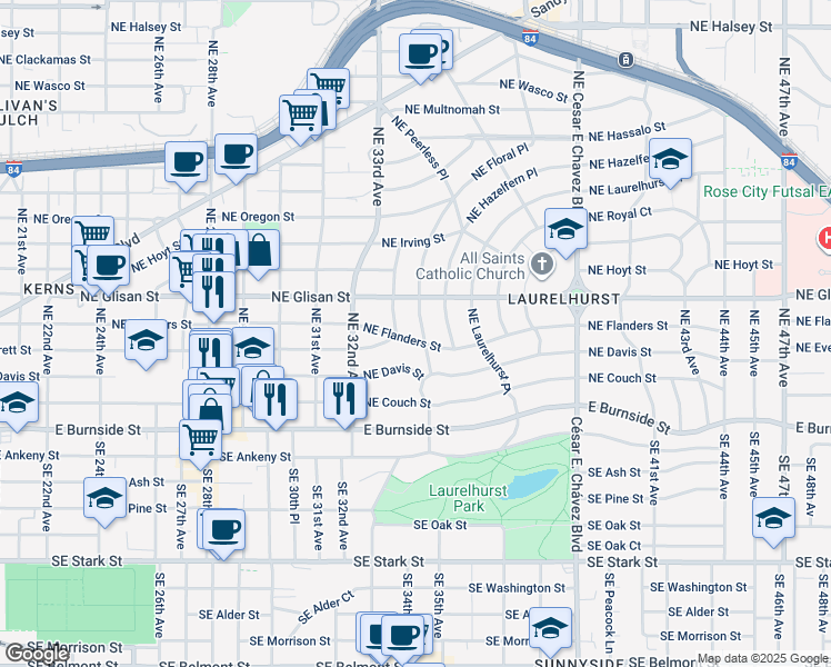 map of restaurants, bars, coffee shops, grocery stores, and more near 3335 Northeast Flanders Street in Portland
