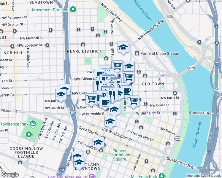 map of restaurants, bars, coffee shops, grocery stores, and more near 255 Northwest 9th Avenue in Portland