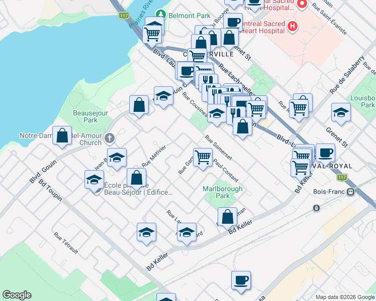 map of restaurants, bars, coffee shops, grocery stores, and more near 6672 Avenue Léon-Trépanier in Montréal