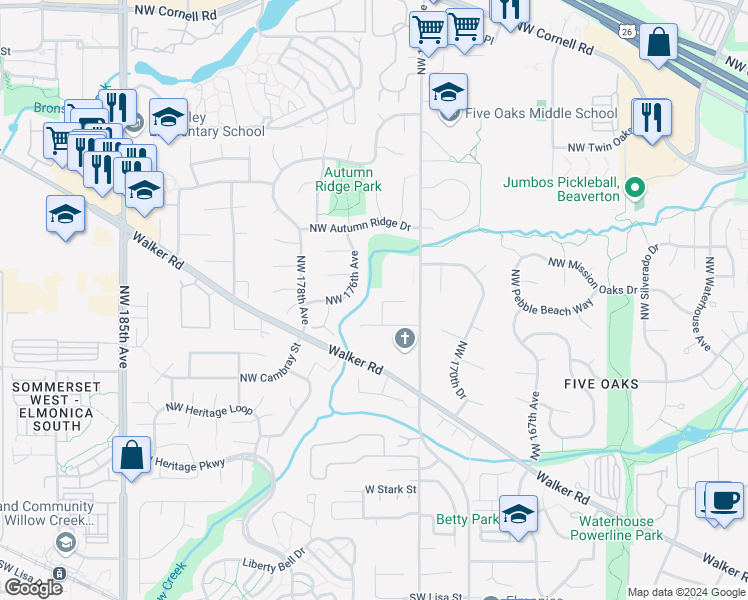 map of restaurants, bars, coffee shops, grocery stores, and more near 735 Northwest 175th Place in Beaverton