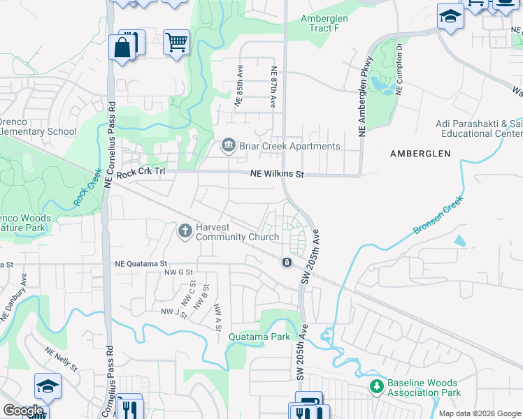 map of restaurants, bars, coffee shops, grocery stores, and more near 8650 Northeast Trailwalk Drive in Hillsboro