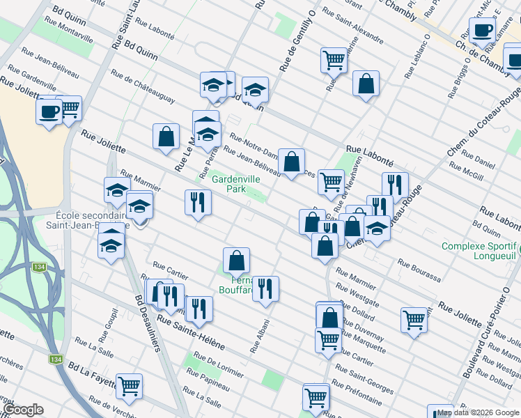 map of restaurants, bars, coffee shops, grocery stores, and more near 989 Rue Joliette in Longueuil