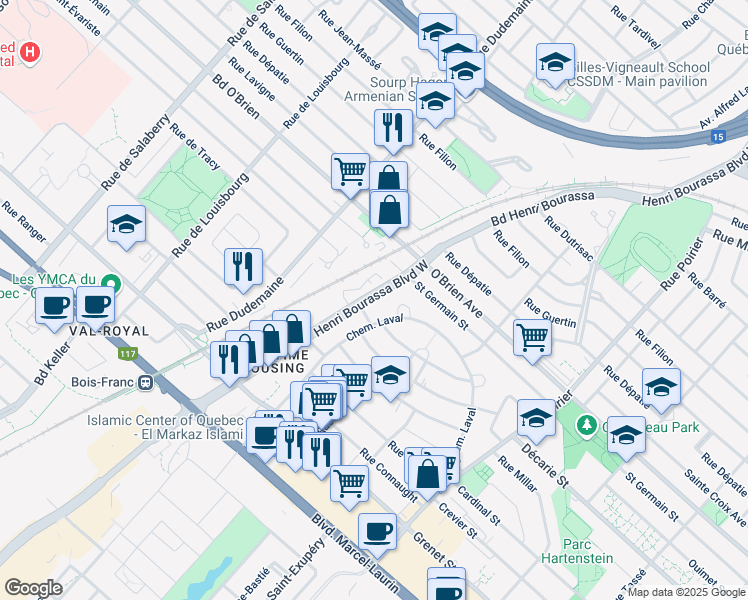 map of restaurants, bars, coffee shops, grocery stores, and more near 4300 Henri Bourassa Boulevard West in Montreal