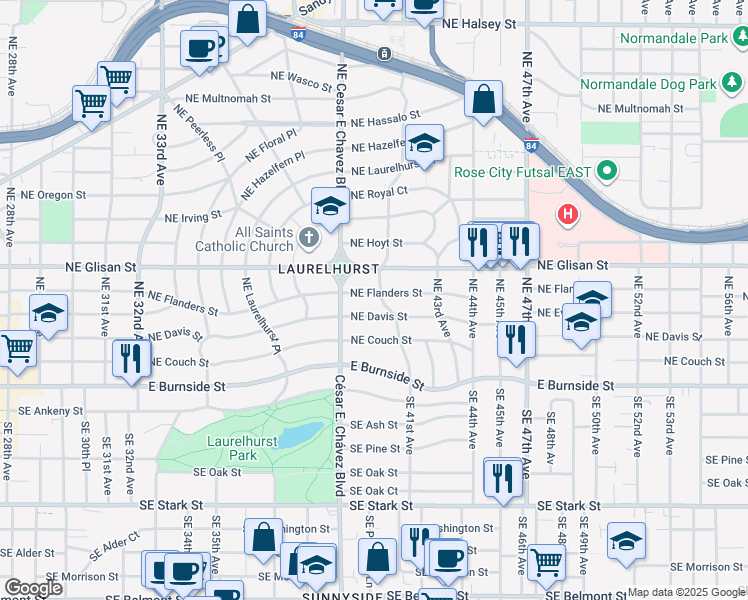 map of restaurants, bars, coffee shops, grocery stores, and more near 315 Northeast 41st Avenue in Portland