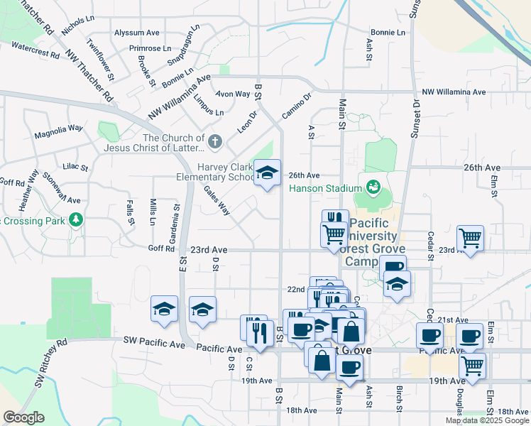 map of restaurants, bars, coffee shops, grocery stores, and more near 1774 Covey Run Drive in Forest Grove
