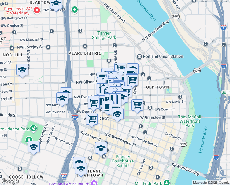 map of restaurants, bars, coffee shops, grocery stores, and more near 333 Northwest 9th Avenue in Portland