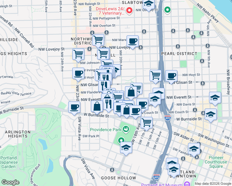 map of restaurants, bars, coffee shops, grocery stores, and more near 311 Northwest 20th Avenue in Portland