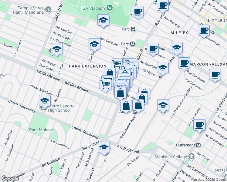 map of restaurants, bars, coffee shops, grocery stores, and more near 7266 Avenue Stuart in Montréal