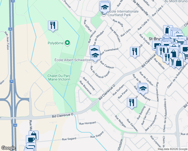 map of restaurants, bars, coffee shops, grocery stores, and more near 376 Rue du Général-Vanier in Saint-Bruno-de-Montarville