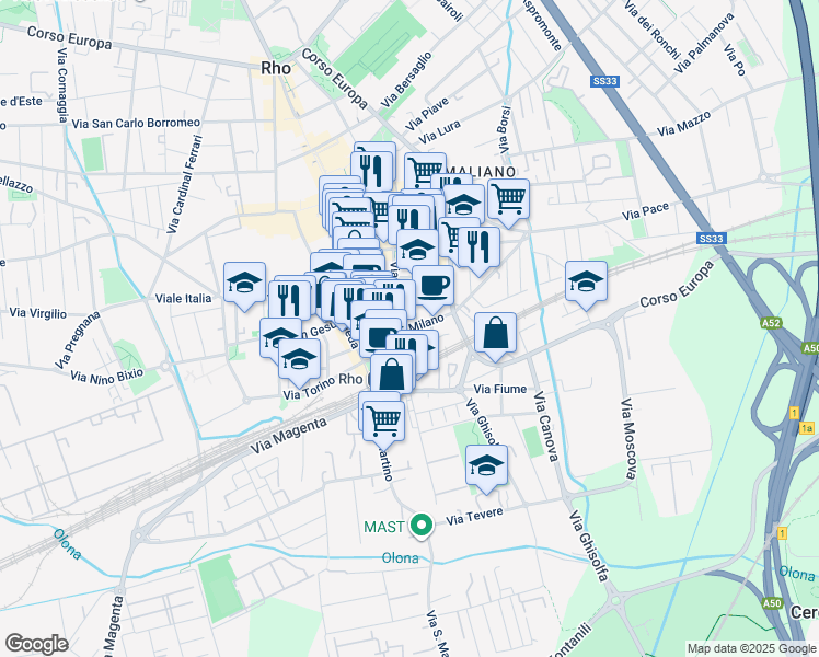map of restaurants, bars, coffee shops, grocery stores, and more near 5 Vicolo Secchi in Rho