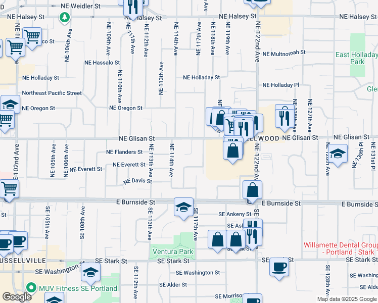 map of restaurants, bars, coffee shops, grocery stores, and more near 11610 Northeast Flanders Street in Portland