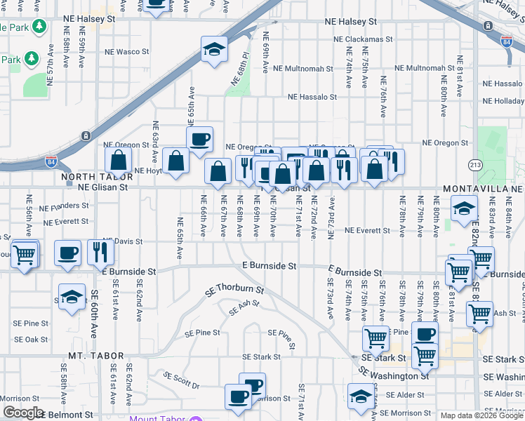 map of restaurants, bars, coffee shops, grocery stores, and more near 304 Northeast 69th Avenue in Portland