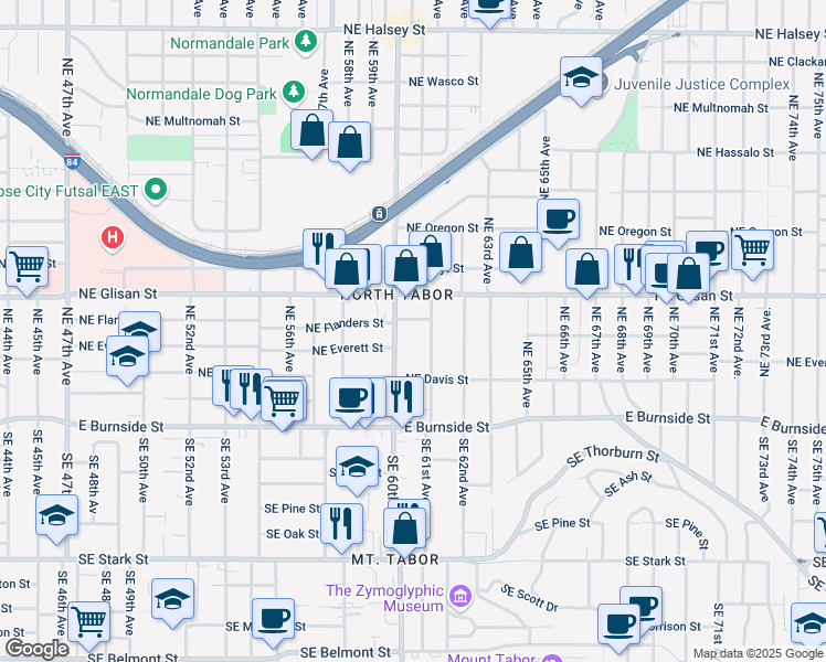 map of restaurants, bars, coffee shops, grocery stores, and more near 245 Northeast 61st Avenue in Portland
