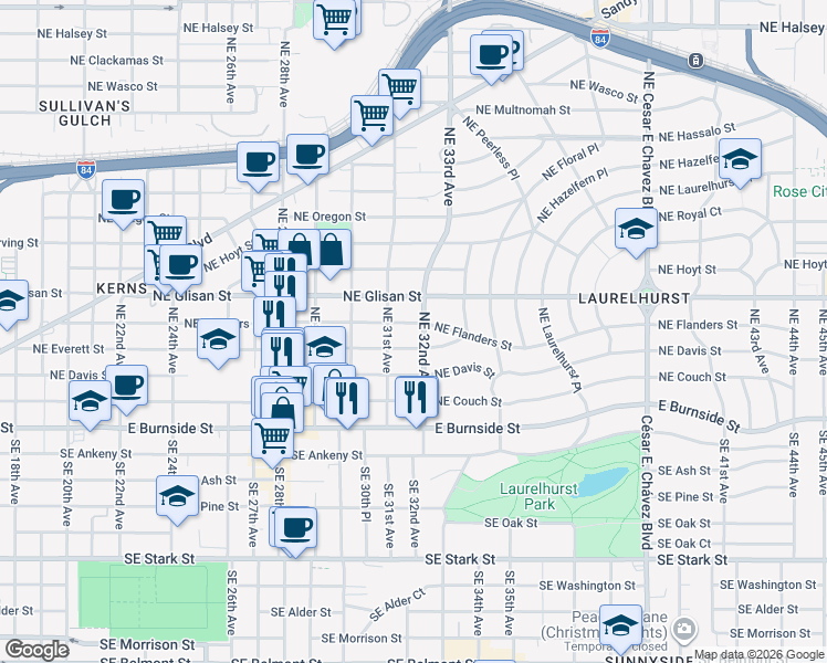 map of restaurants, bars, coffee shops, grocery stores, and more near 3116 Northeast Everett Street in Portland