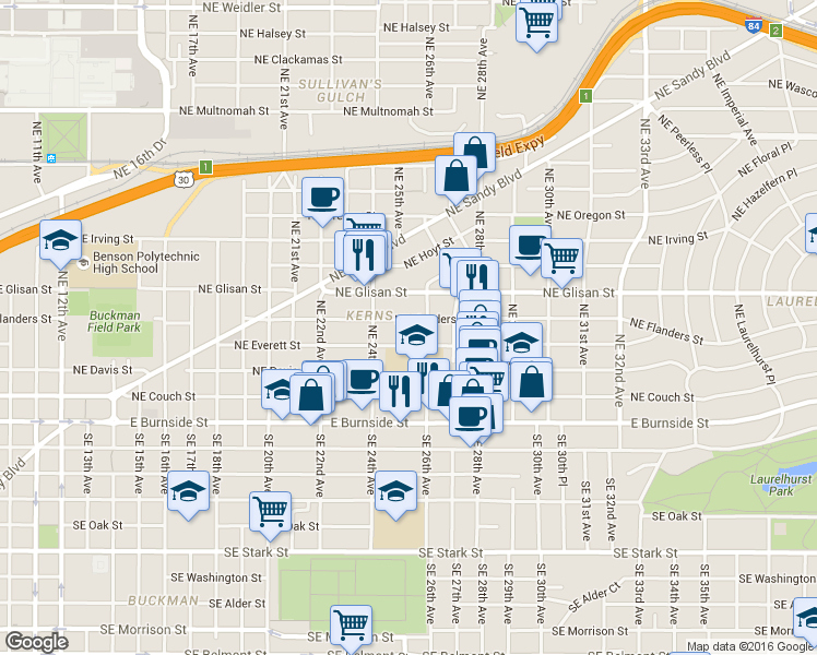 map of restaurants, bars, coffee shops, grocery stores, and more near 2515 Northeast Everett Street in Portland