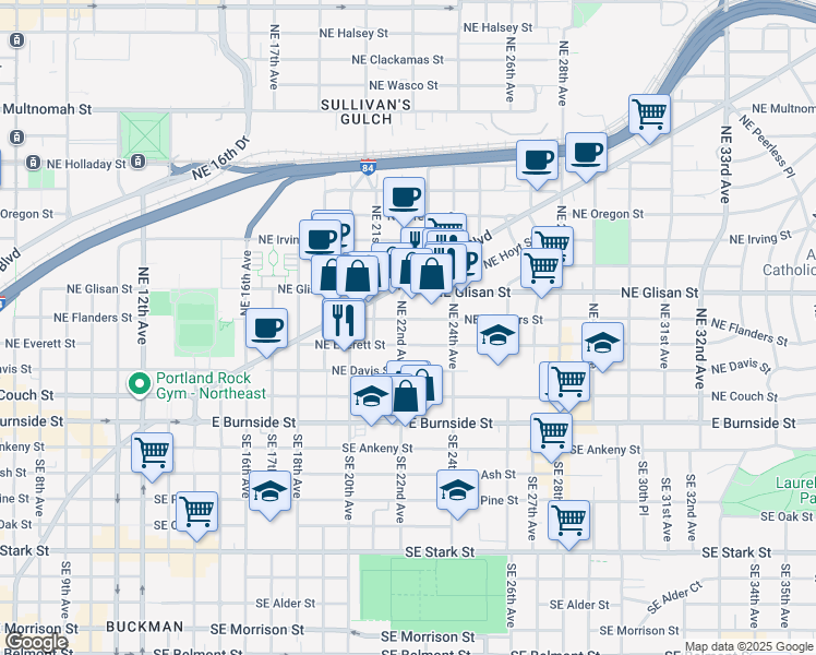 map of restaurants, bars, coffee shops, grocery stores, and more near 2216 Northeast Everett Street in Portland