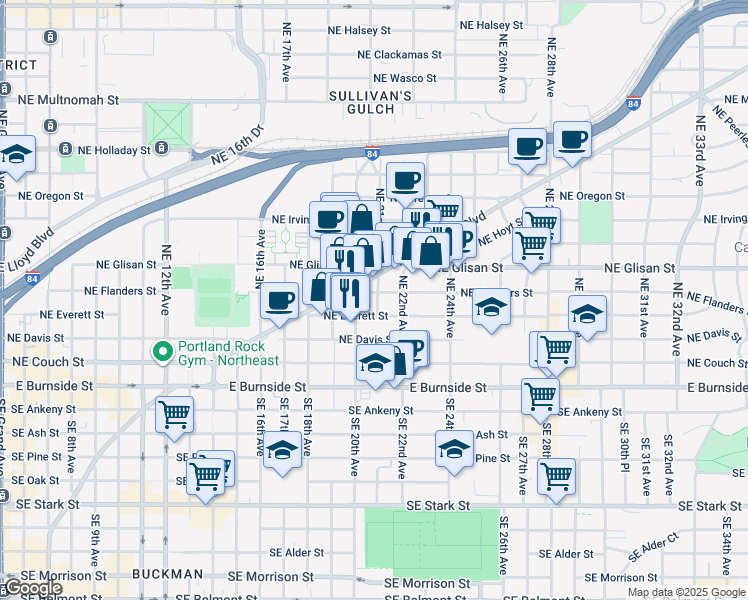 map of restaurants, bars, coffee shops, grocery stores, and more near 2100 Northeast Everett Street in Portland