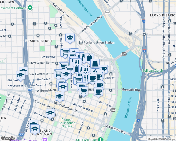 map of restaurants, bars, coffee shops, grocery stores, and more near in Portland