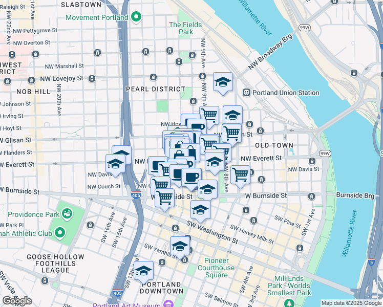 map of restaurants, bars, coffee shops, grocery stores, and more near 1122 Northwest Everett Street in Portland