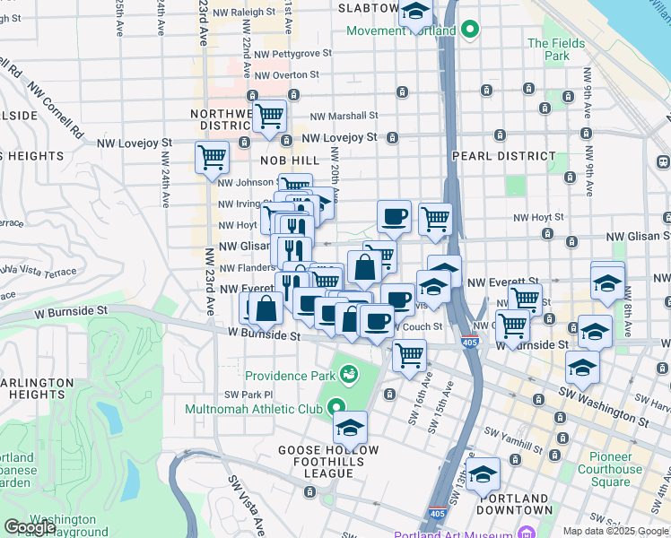 map of restaurants, bars, coffee shops, grocery stores, and more near 311 Northwest 20th Avenue in Portland