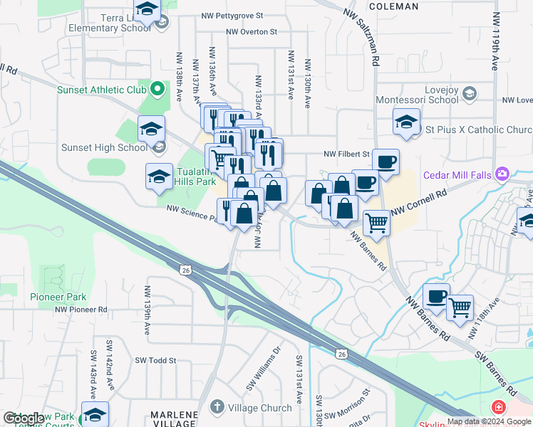 map of restaurants, bars, coffee shops, grocery stores, and more near 702 Northwest Joy Avenue in Portland