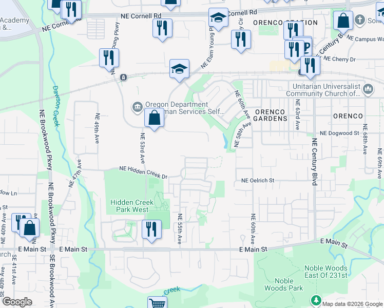 map of restaurants, bars, coffee shops, grocery stores, and more near 5617 Northeast Caddis Drive in Hillsboro