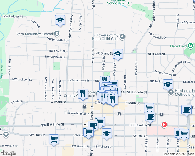 map of restaurants, bars, coffee shops, grocery stores, and more near 106 Northeast Jackson Street in Hillsboro