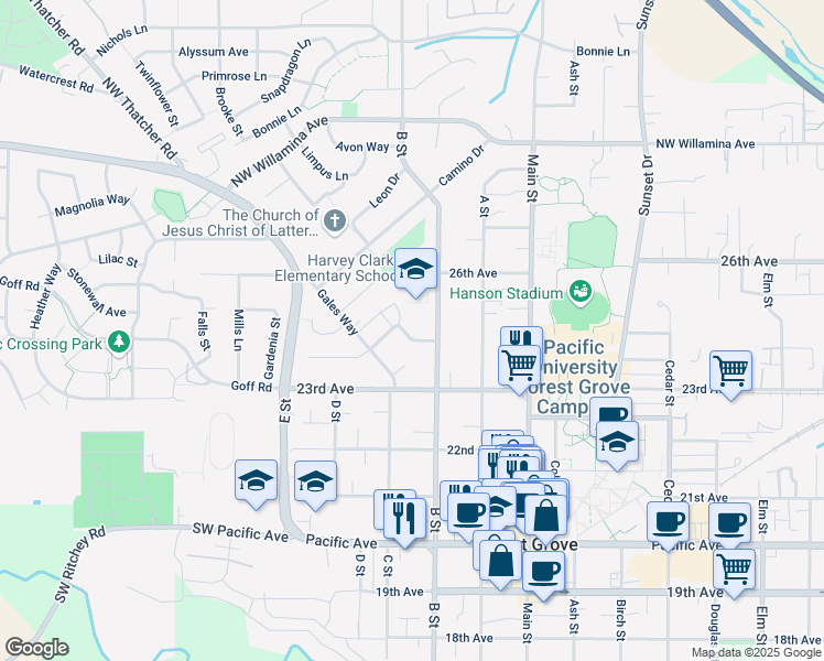 map of restaurants, bars, coffee shops, grocery stores, and more near 1774 Covey Run Drive in Forest Grove
